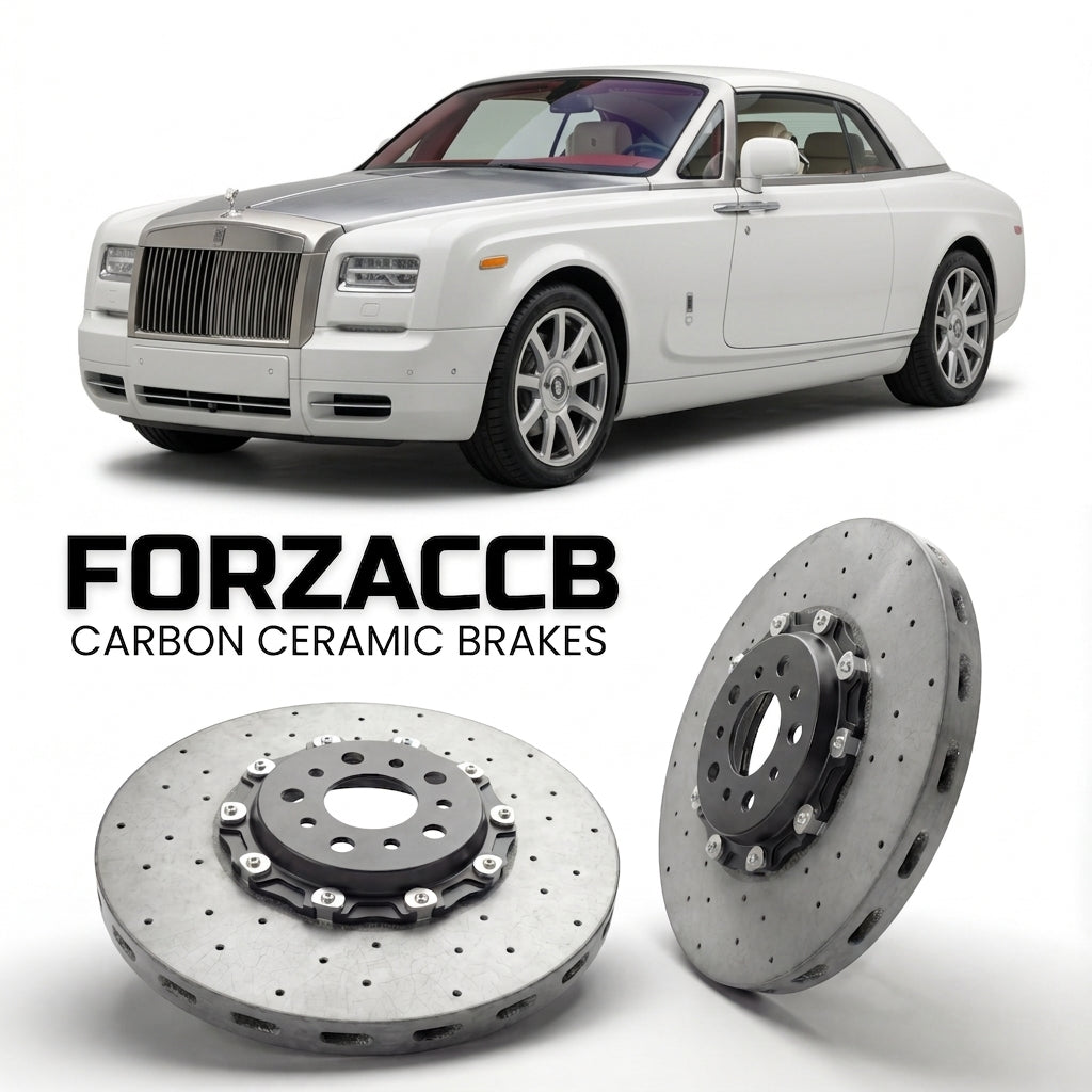ForzaCCB direct OEM replacement carbon ceramic brake rotors for 2012-2016) Rolls-Royce Phantom Drophead Coupe (facelift 2012 models, shown with a white Rolls-Royce Phantom car.