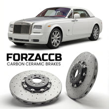 ForzaCCB direct OEM replacement carbon ceramic brake rotors for 2012-2016) Rolls-Royce Phantom Drophead Coupe (facelift 2012 models, shown with a white Rolls-Royce Phantom car.
