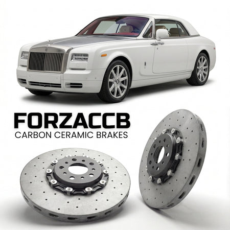 ForzaCCB direct OEM replacement carbon ceramic brake rotors for 2012-2016) Rolls-Royce Phantom Drophead Coupe (facelift 2012 models, shown with a white Rolls-Royce Phantom car.