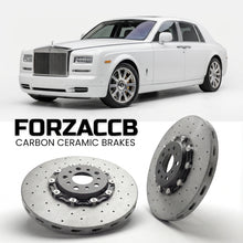 ForzaCCB direct OEM replacement carbon ceramic brake rotors for 2012-2016) Rolls-Royce Phantom Extended Wheelbase VII (facelift 2012 models, shown with a white Rolls-Royce Phantom car.