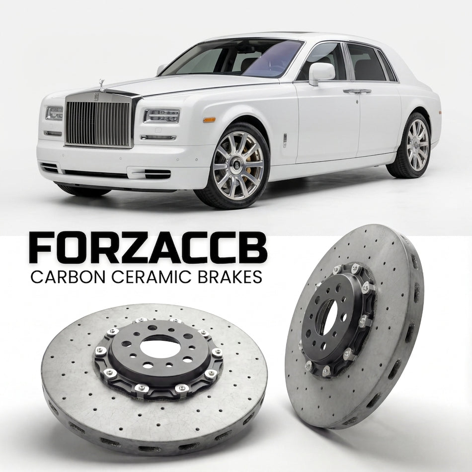 ForzaCCB direct OEM replacement carbon ceramic brake rotors for 2012-2016) Rolls-Royce Phantom Extended Wheelbase VII (facelift 2012 models, shown with a white Rolls-Royce Phantom car.