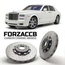 ForzaCCB direct OEM replacement carbon ceramic brake rotors for 2012-2016) Rolls-Royce Phantom VII (facelift 2012 models, shown with a white Rolls-Royce Phantom car.