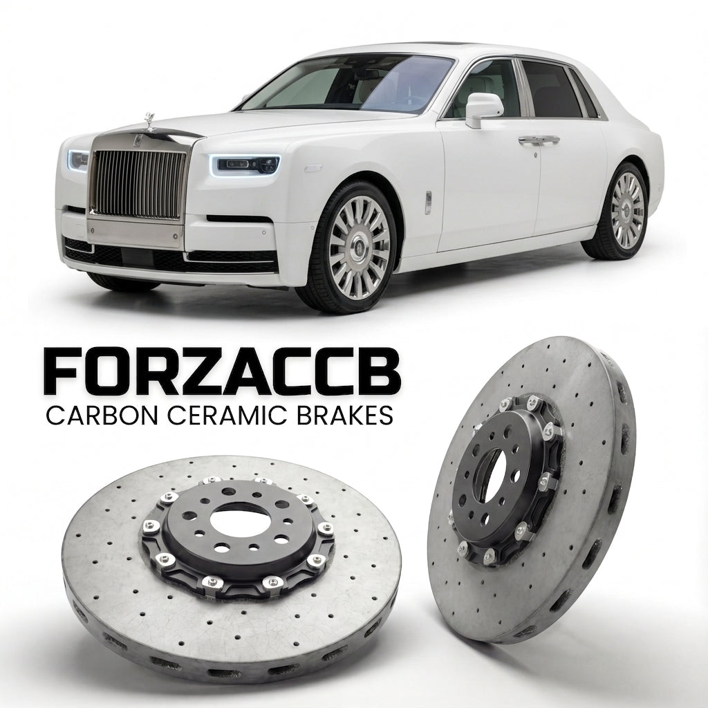 ForzaCCB direct OEM replacement carbon ceramic brake rotors for 2017 and newer Rolls-Royce Phantom VIII models, shown with a white Rolls-Royce Phantom car.