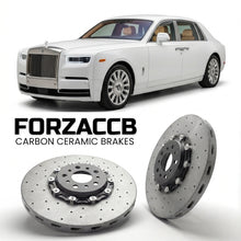 ForzaCCB direct OEM replacement carbon ceramic brake rotors for 2017 and newer Rolls-Royce Phantom VIII Extended Wheelbase models, shown with a white Rolls-Royce Phantom car.