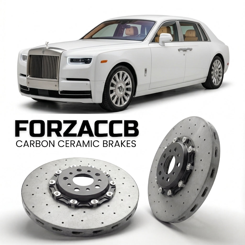 ForzaCCB direct OEM replacement carbon ceramic brake rotors for 2017 and newer Rolls-Royce Phantom VIII Extended Wheelbase models, shown with a white Rolls-Royce Phantom car.