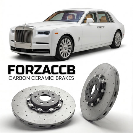 ForzaCCB direct OEM replacement carbon ceramic brake rotors for 2017 and newer Rolls-Royce Phantom VIII Extended Wheelbase models, shown with a white Rolls-Royce Phantom car.