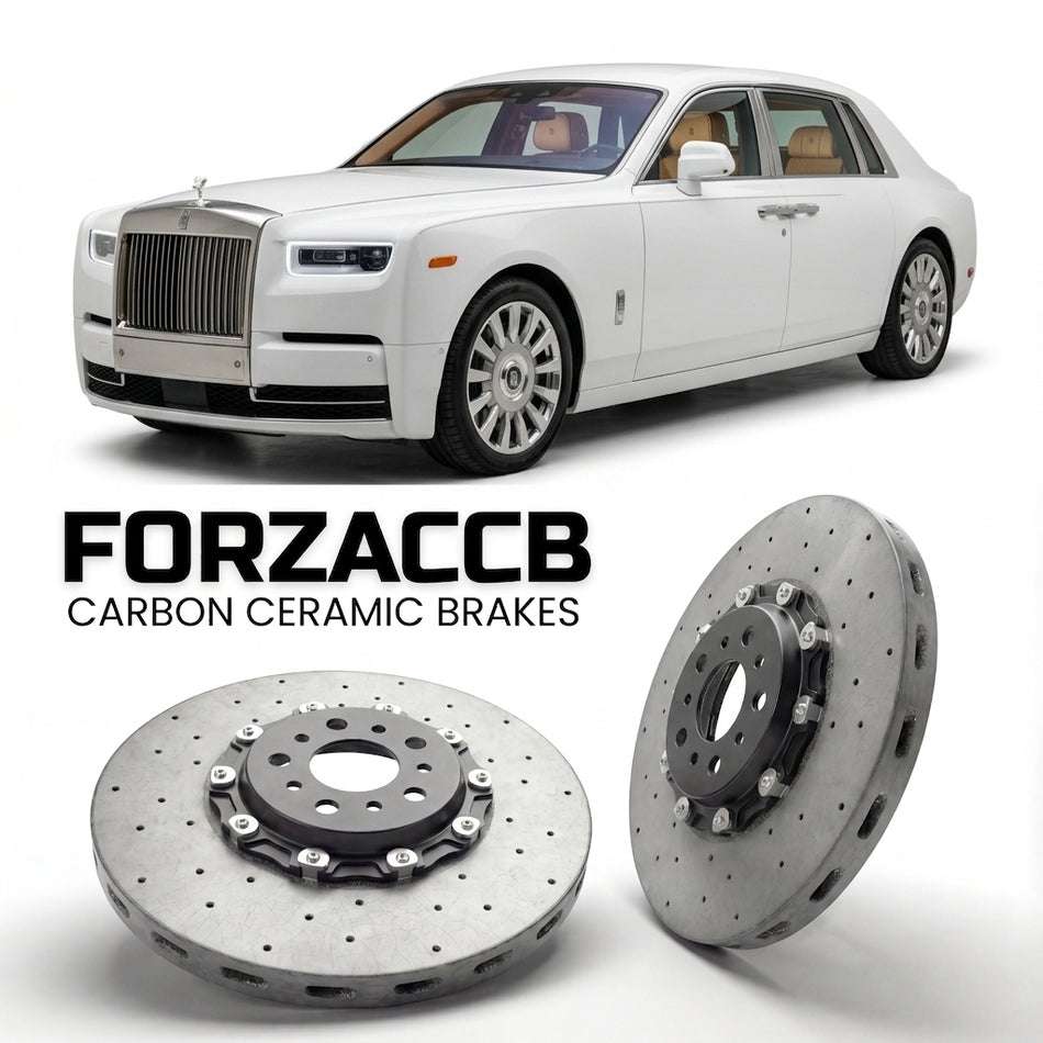 ForzaCCB direct OEM replacement carbon ceramic brake rotors for 2017 and newer Rolls-Royce Phantom VIII Extended Wheelbase models, shown with a white Rolls-Royce Phantom car.