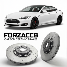 ForzaCCB direct OEM replacement carbon ceramic brake rotors for 2023 and newer Tesla Plaid Track Pkg models, shown with a white Tesla Plaid Track Pkg car.