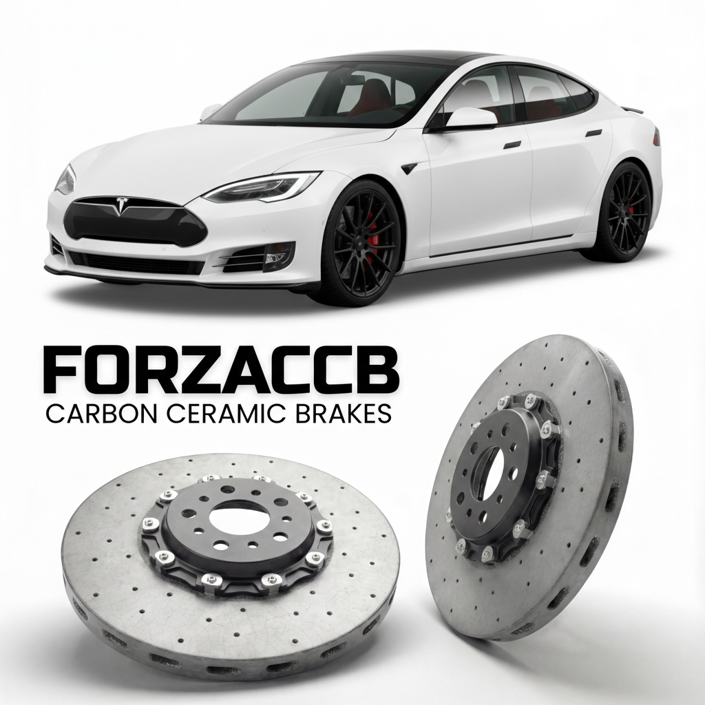 ForzaCCB direct OEM replacement carbon ceramic brake rotors for 2023 and newer Tesla Plaid Track Pkg models, shown with a white Tesla Plaid Track Pkg car.