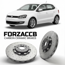 ForzaCCB direct OEM replacement carbon ceramic brake rotors for 2010 to 2017 Volkswagen Polo Mk5 6R/6C models, shown with a white Volkswagen Polo car.