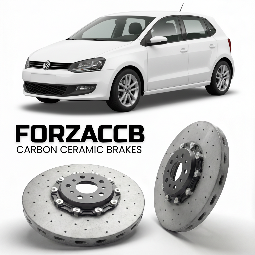 ForzaCCB direct OEM replacement carbon ceramic brake rotors for 2010 to 2017 Volkswagen Polo Mk5 6R/6C models, shown with a white Volkswagen Polo car.