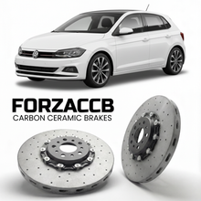 ForzaCCB direct OEM replacement carbon ceramic brake rotors for 2017- Volkswagen Polo Mk6 AW/BZ models, shown with a white Volkswagen Polo car.