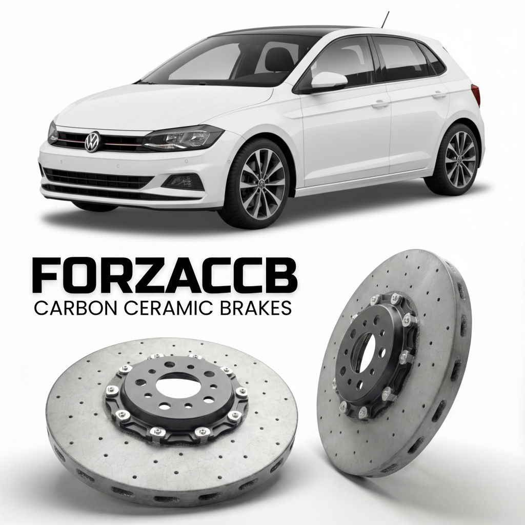ForzaCCB direct OEM replacement carbon ceramic brake rotors for 2017- Volkswagen Polo Mk6 AW/BZ models, shown with a white Volkswagen Polo car.