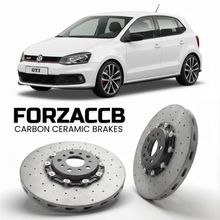 ForzaCCB direct OEM replacement carbon ceramic brake rotors for 2010 to 2014 Volkswagen Polo GTI Mk5 6R models, shown with a white Volkswagen Polo GTI car.