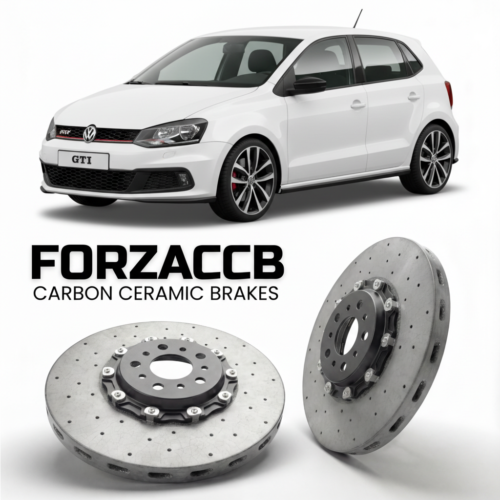 ForzaCCB direct OEM replacement carbon ceramic brake rotors for 2010 to 2014 Volkswagen Polo GTI Mk5 6R models, shown with a white Volkswagen Polo GTI car.