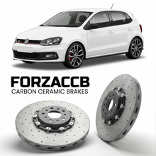ForzaCCB direct OEM replacement carbon ceramic brake rotors for 2014 to 2017 Volkswagen Polo GTI Mk5 6C models, shown with a white Volkswagen Polo GTI car.