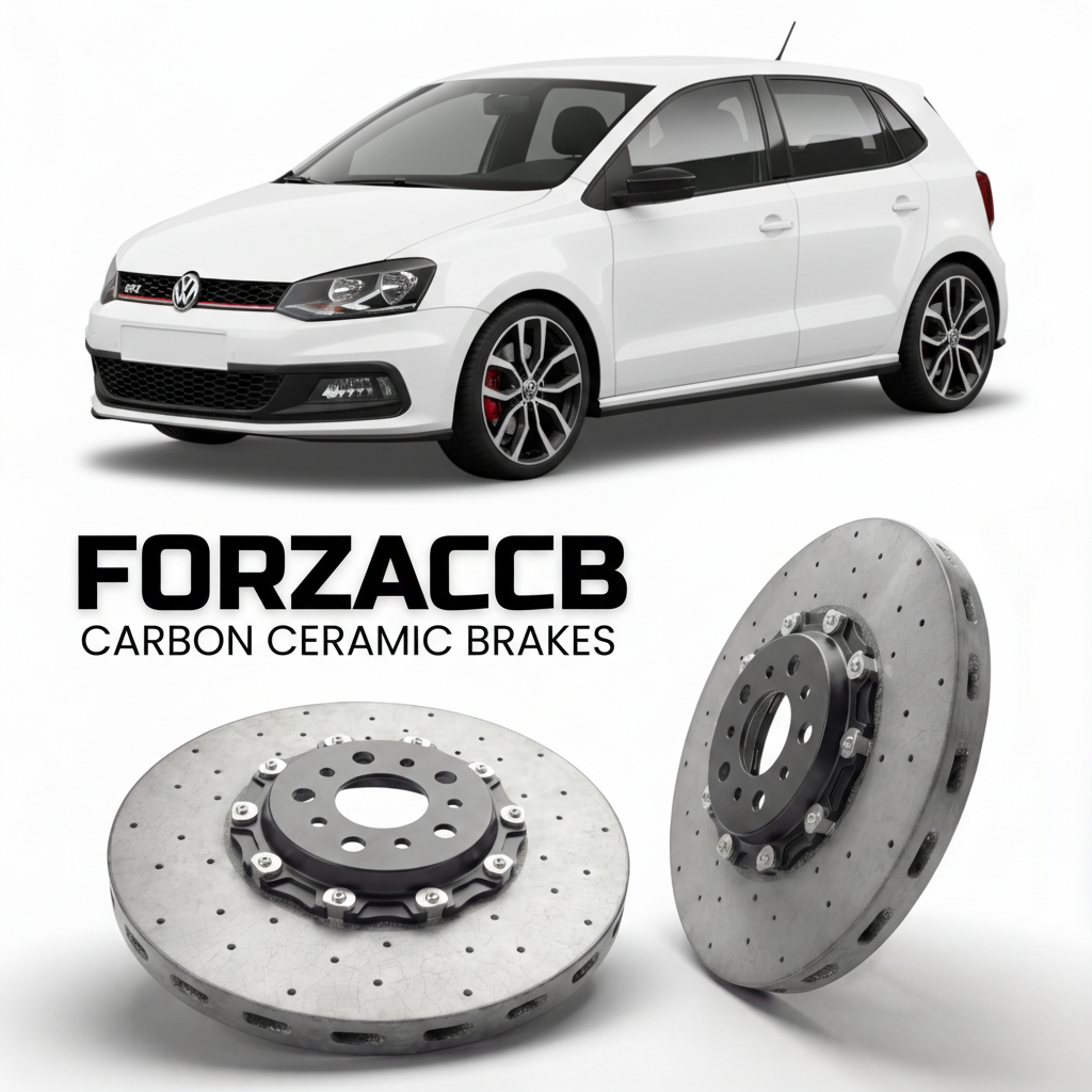 ForzaCCB direct OEM replacement carbon ceramic brake rotors for 2014 to 2017 Volkswagen Polo GTI Mk5 6C models, shown with a white Volkswagen Polo GTI car.