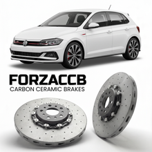 ForzaCCB direct OEM replacement carbon ceramic brake rotors for 2017- Volkswagen Polo GTI Mk6 AW/BZ models, shown with a white Volkswagen Polo GTI car.