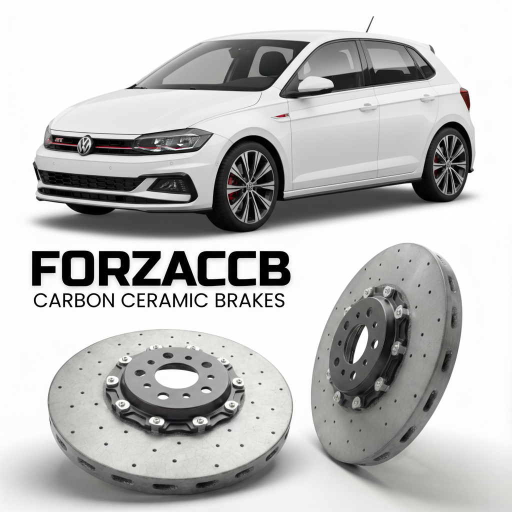 ForzaCCB direct OEM replacement carbon ceramic brake rotors for 2017- Volkswagen Polo GTI Mk6 AW/BZ models, shown with a white Volkswagen Polo GTI car.