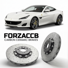 ForzaCCB direct OEM replacement carbon ceramic brake rotors for 2017 to 2020 Ferrari Portofino models, shown with a white Ferrari Portofino car.