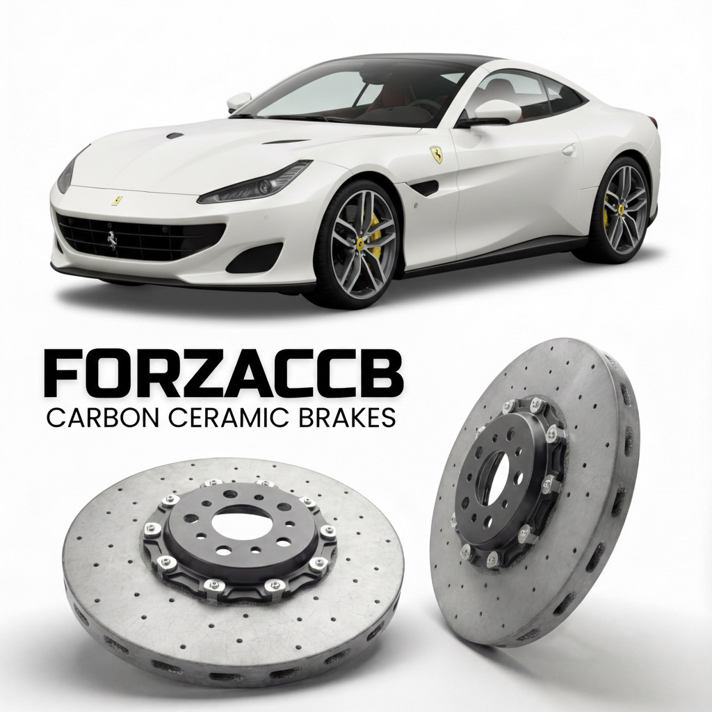 ForzaCCB direct OEM replacement carbon ceramic brake rotors for 2017 to 2020 Ferrari Portofino models, shown with a white Ferrari Portofino car.