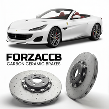 ForzaCCB direct OEM replacement carbon ceramic brake rotors for 2020 to 2023 Ferrari Portofino M models, shown with a white Ferrari Portofino M car.