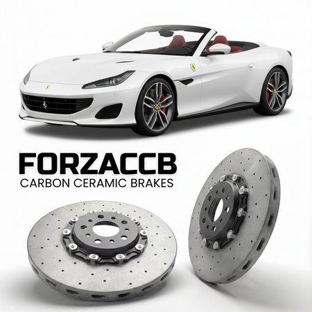 ForzaCCB direct OEM replacement carbon ceramic brake rotors for 2020 to 2023 Ferrari Portofino M models, shown with a white Ferrari Portofino M car.