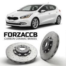 ForzaCCB direct OEM replacement carbon ceramic brake rotors for 2013 to 2015 Kia Pro Cee'd II models, shown with a white Kia Pro Cee'd car.