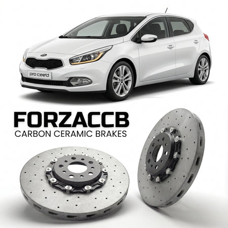 ForzaCCB direct OEM replacement carbon ceramic brake rotors for 2013 to 2015 Kia Pro Cee'd II models, shown with a white Kia Pro Cee'd car.