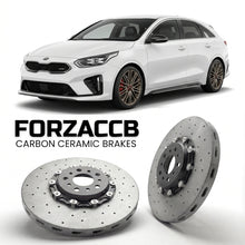 ForzaCCB direct OEM replacement carbon ceramic brake rotors for 2018 to 2021 Kia Pro Cee'd Kia ProCeed III models, shown with a white Kia Pro Cee'd car.