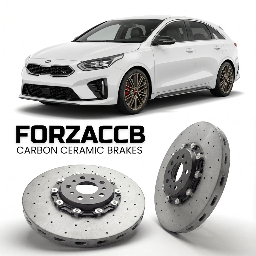 ForzaCCB direct OEM replacement carbon ceramic brake rotors for 2018 to 2021 Kia Pro Cee'd Kia ProCeed III models, shown with a white Kia Pro Cee'd car.