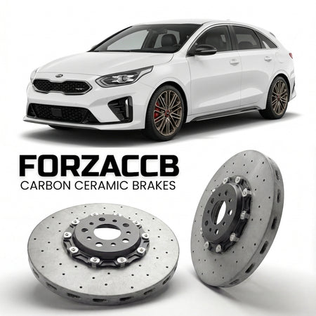 ForzaCCB direct OEM replacement carbon ceramic brake rotors for 2018 to 2021 Kia Pro Cee'd Kia ProCeed III models, shown with a white Kia Pro Cee'd car.