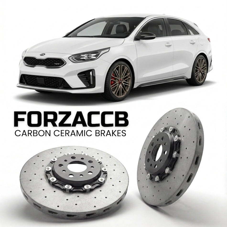 ForzaCCB direct OEM replacement carbon ceramic brake rotors for 2018 to 2021 Kia Pro Cee'd Kia ProCeed III models, shown with a white Kia Pro Cee'd car.