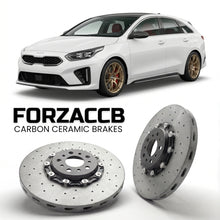 ForzaCCB direct OEM replacement carbon ceramic brake rotors for 2021+) Kia Pro Cee'd Kia ProCeed III (facelift 2021 models, shown with a white Kia Pro Cee'd car.