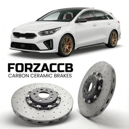 ForzaCCB direct OEM replacement carbon ceramic brake rotors for 2021+) Kia Pro Cee'd Kia ProCeed III (facelift 2021 models, shown with a white Kia Pro Cee'd car.