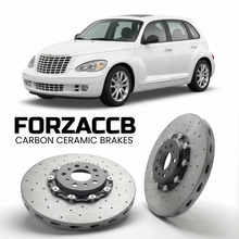 ForzaCCB direct OEM replacement carbon ceramic brake rotors for 2005 to 2010 Chrysler PT Cruiser models, shown with a white Chrysler PT Cruiser car.