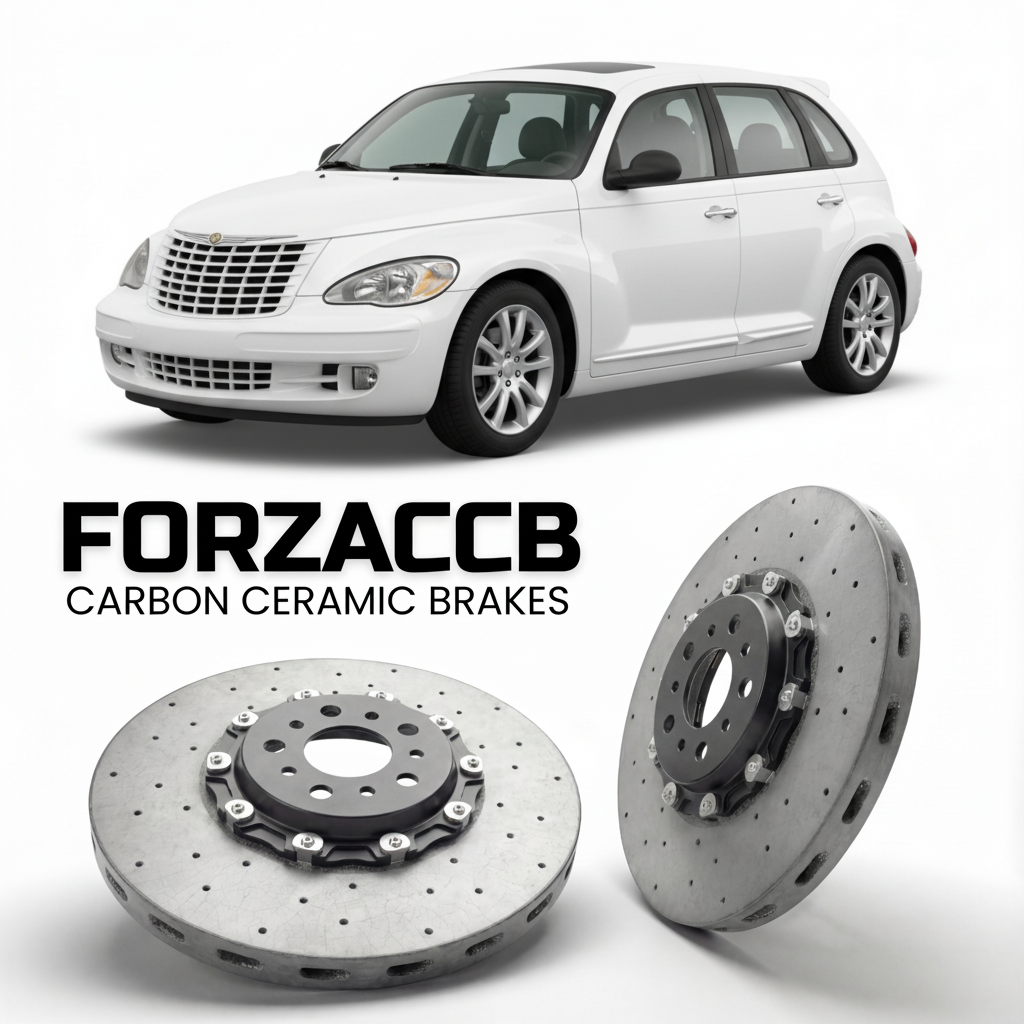 ForzaCCB direct OEM replacement carbon ceramic brake rotors for 2005 to 2010 Chrysler PT Cruiser models, shown with a white Chrysler PT Cruiser car.