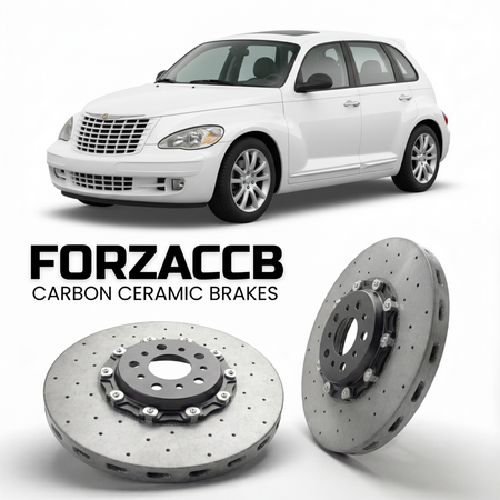 ForzaCCB direct OEM replacement carbon ceramic brake rotors for 2005 to 2010 Chrysler PT Cruiser models, shown with a white Chrysler PT Cruiser car.