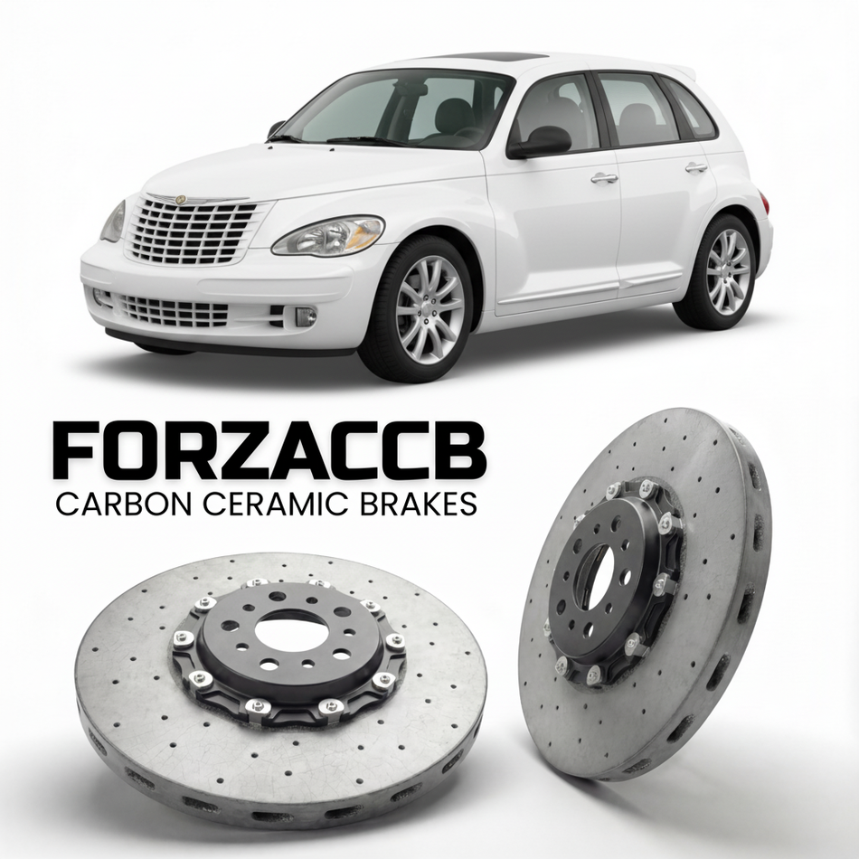 ForzaCCB direct OEM replacement carbon ceramic brake rotors for 2005 to 2010 Chrysler PT Cruiser models, shown with a white Chrysler PT Cruiser car.