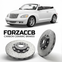 ForzaCCB direct OEM replacement carbon ceramic brake rotors for 2005 to 2010 Chrysler PT Cruiser Cabrio models, shown with a white Chrysler PT Cruiser car.