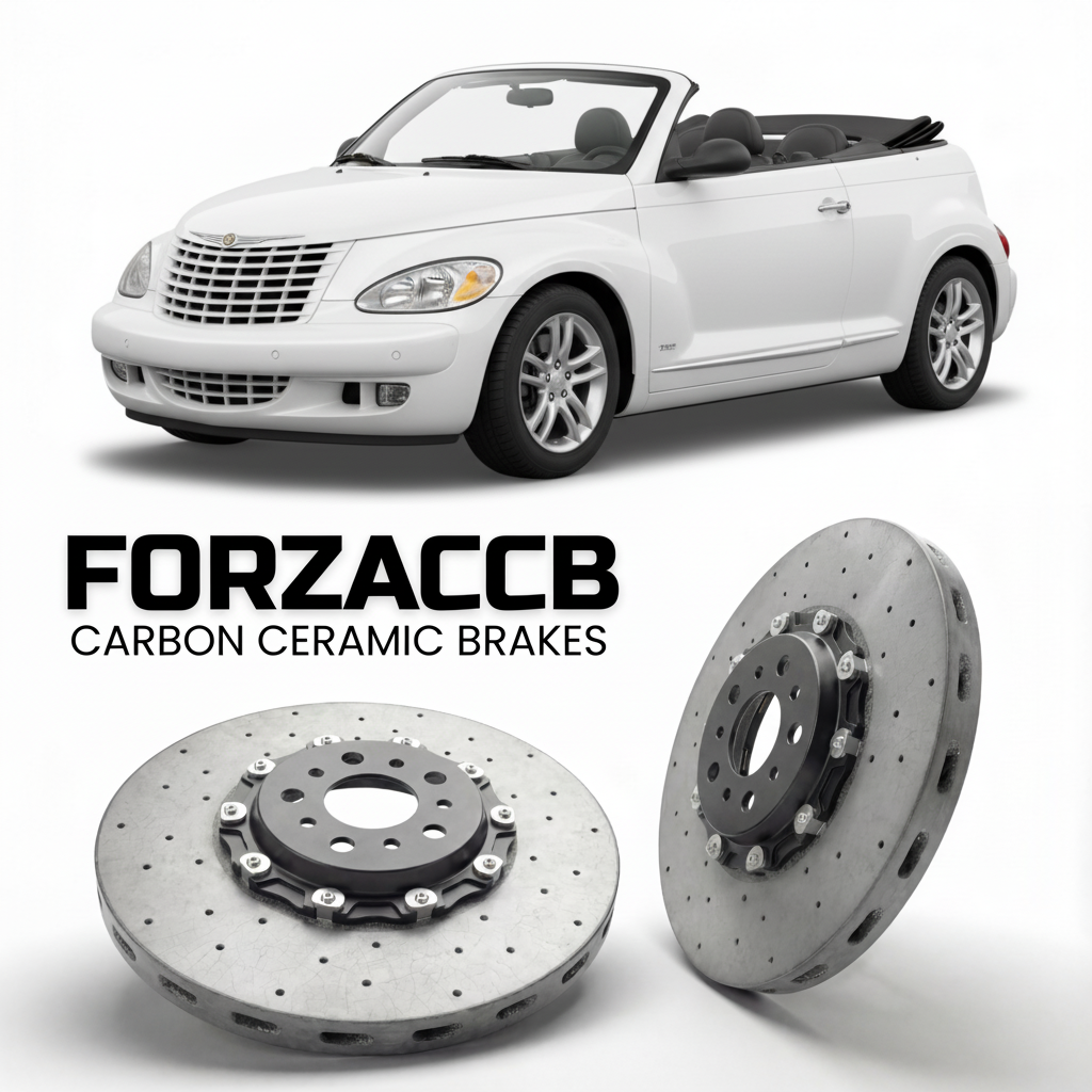 ForzaCCB direct OEM replacement carbon ceramic brake rotors for 2005 to 2010 Chrysler PT Cruiser Cabrio models, shown with a white Chrysler PT Cruiser car.