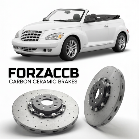 ForzaCCB direct OEM replacement carbon ceramic brake rotors for 2005 to 2010 Chrysler PT Cruiser Cabrio models, shown with a white Chrysler PT Cruiser car.
