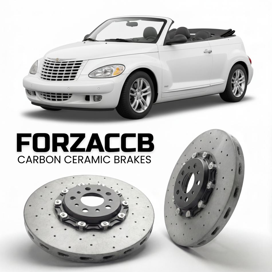ForzaCCB direct OEM replacement carbon ceramic brake rotors for 2005 to 2010 Chrysler PT Cruiser Cabrio models, shown with a white Chrysler PT Cruiser car.
