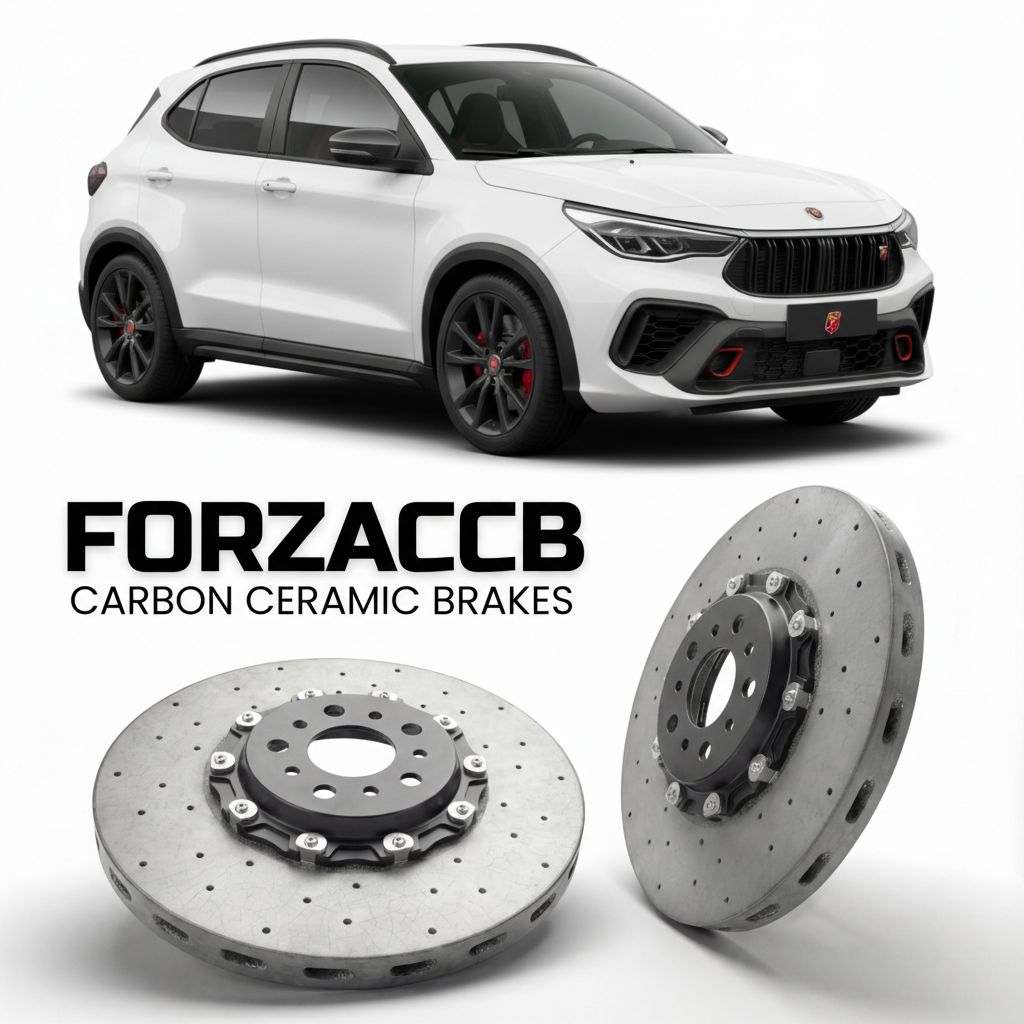 ForzaCCB direct OEM replacement carbon ceramic brake rotors for 2022 and newer Abarth Pulse models, shown with a white Abarth Pulse car.