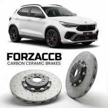 ForzaCCB direct OEM replacement carbon ceramic brake rotors for 2022 and newer Abarth Pulse models, shown with a white Abarth Pulse car.