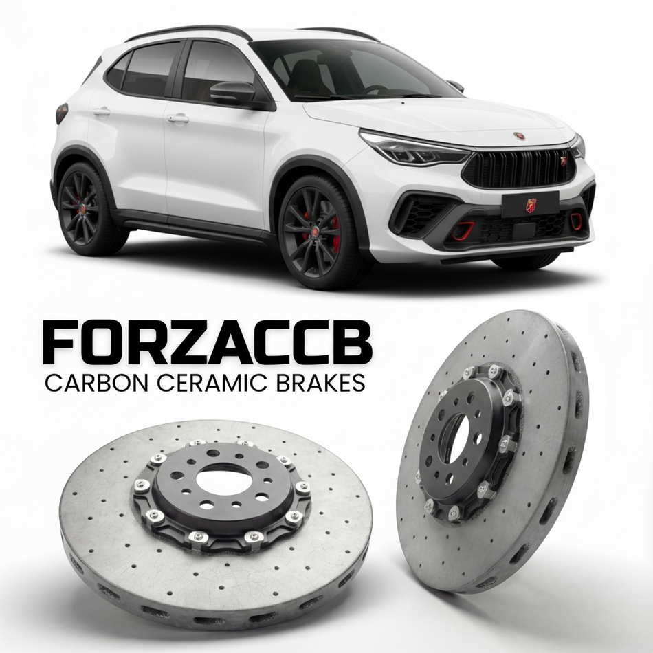 ForzaCCB direct OEM replacement carbon ceramic brake rotors for 2022 and newer Abarth Pulse models, shown with a white Abarth Pulse car.