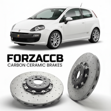 ForzaCCB direct OEM replacement carbon ceramic brake rotors for 2007 to 2010 Abarth Punto 199 models, shown with a white Abarth Punto car.