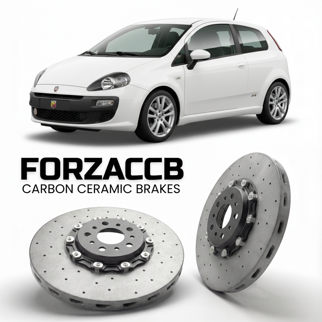 ForzaCCB direct OEM replacement carbon ceramic brake rotors for 2007 to 2010 Abarth Punto 199 models, shown with a white Abarth Punto car.
