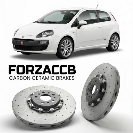ForzaCCB direct OEM replacement carbon ceramic brake rotors for 2007 to 2010 Abarth Punto 199 models, shown with a white Abarth Punto car.