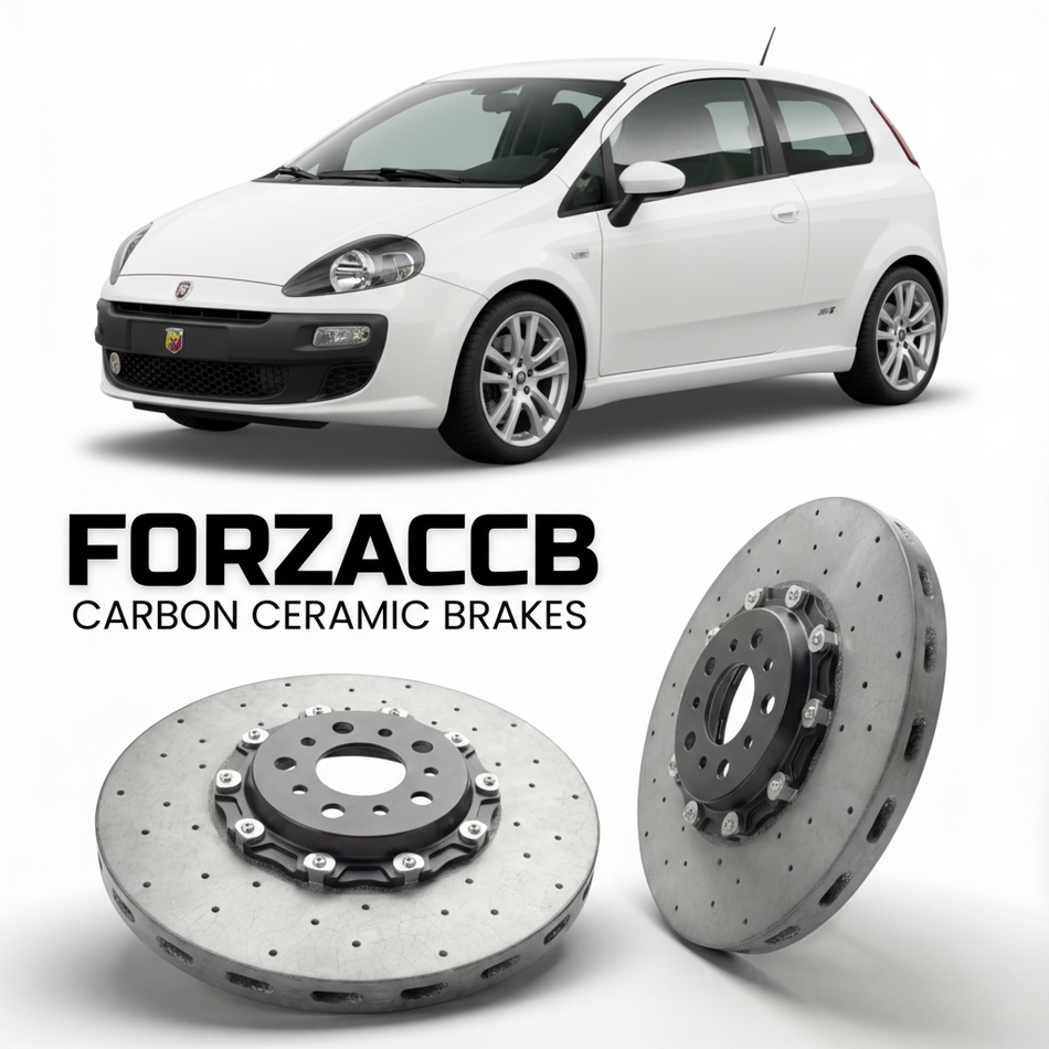 ForzaCCB direct OEM replacement carbon ceramic brake rotors for 2007 to 2010 Abarth Punto 199 models, shown with a white Abarth Punto car.